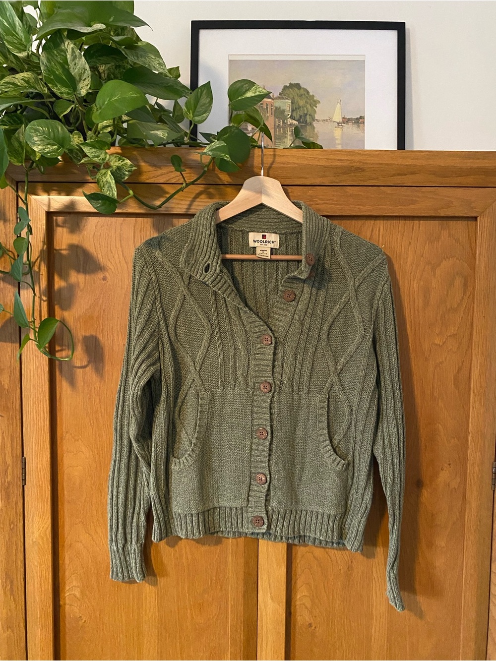 Vintage Woolrich Olive Cable Knit Button-Up Cardigan